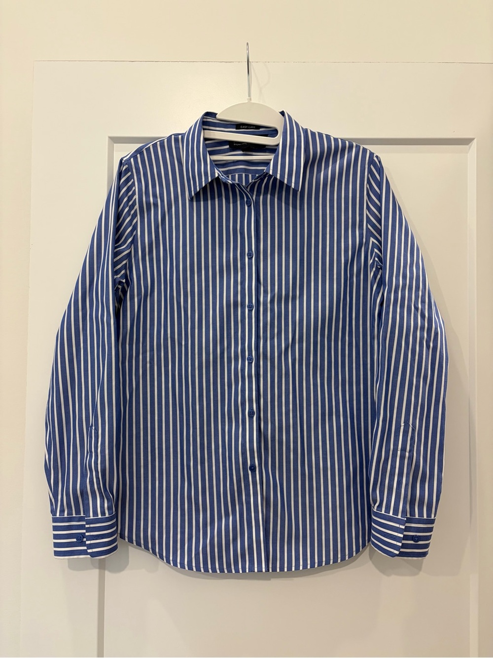 100% Cotton Jones New York Blue White Vertical Stripe Dress Shirt Medium Petite